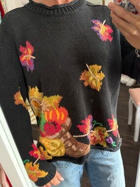 Lauren Hansen Fall Thanksgiving Pumpkin Apple Grape Leaf knit sweater